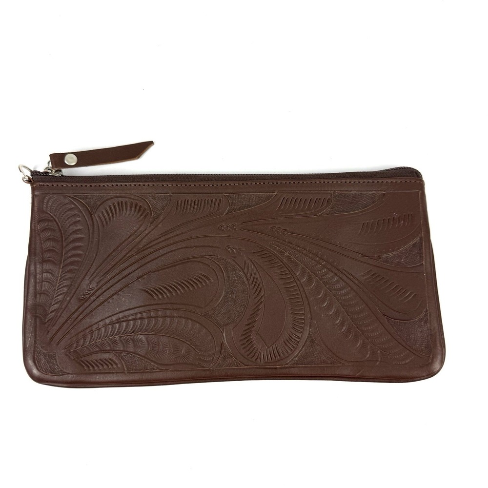 Leaders In Leather Handmade Floral Tooled Brown Clutch NO‎ STRAP Made Paraguay
